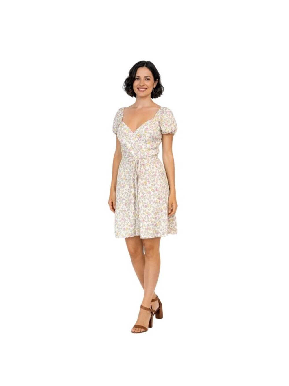 2/$30 ZARA Floral Wrap Dress M Puff Sleeves Tie Waist White Yellow Pink